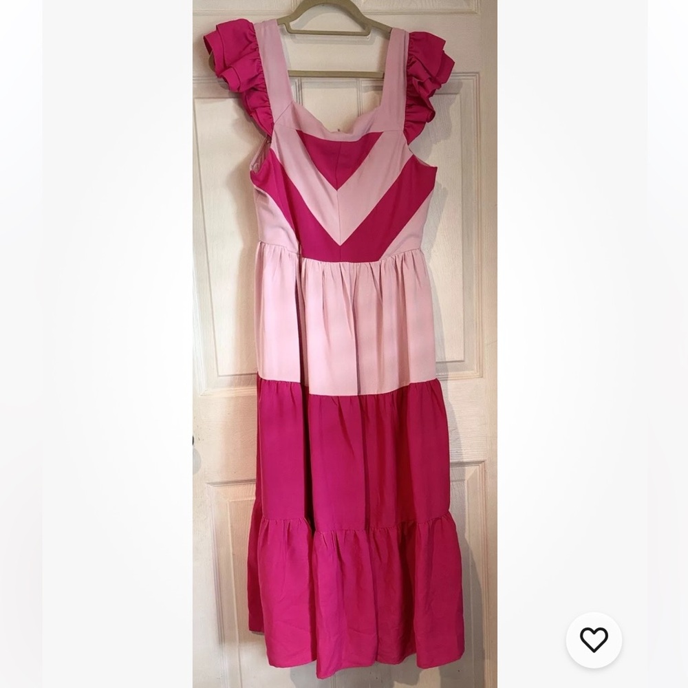 Entro Pink Ruffled Tiered Midi Dress Square Neck